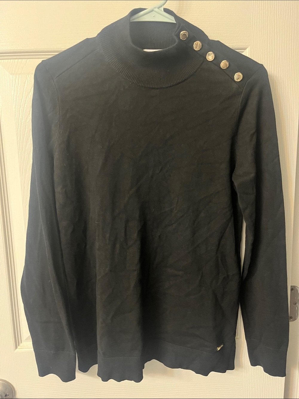 Calvin Klein Black Mock Neck Sweater with Gold Buttons
